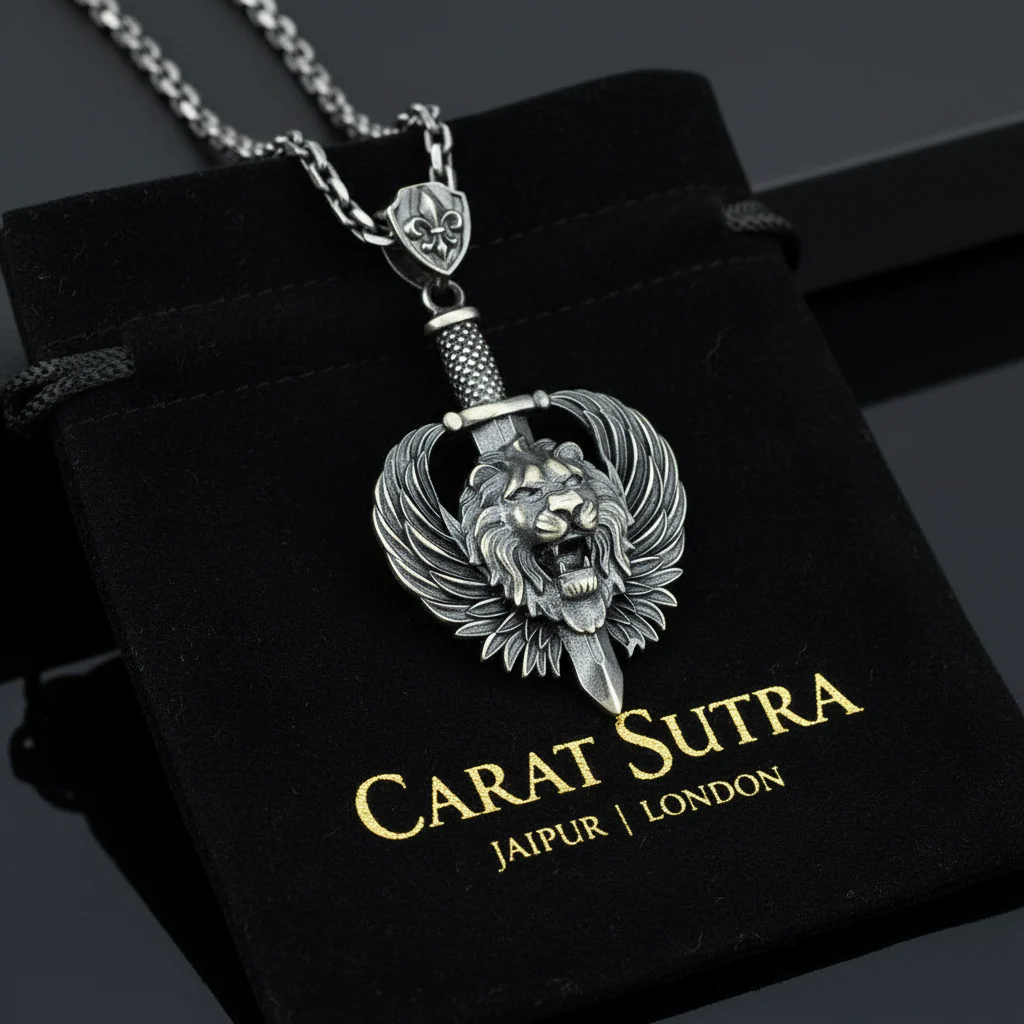 RARE PRINCE by CARAT SUTRA | Unique Designed Lion with Feathers & Sword Pendant for Men | 925 Sterling Silver Oxidized Pendant | Men's Jewelry | With Certificate of Authenticity and 925 Hallmark - Image 4