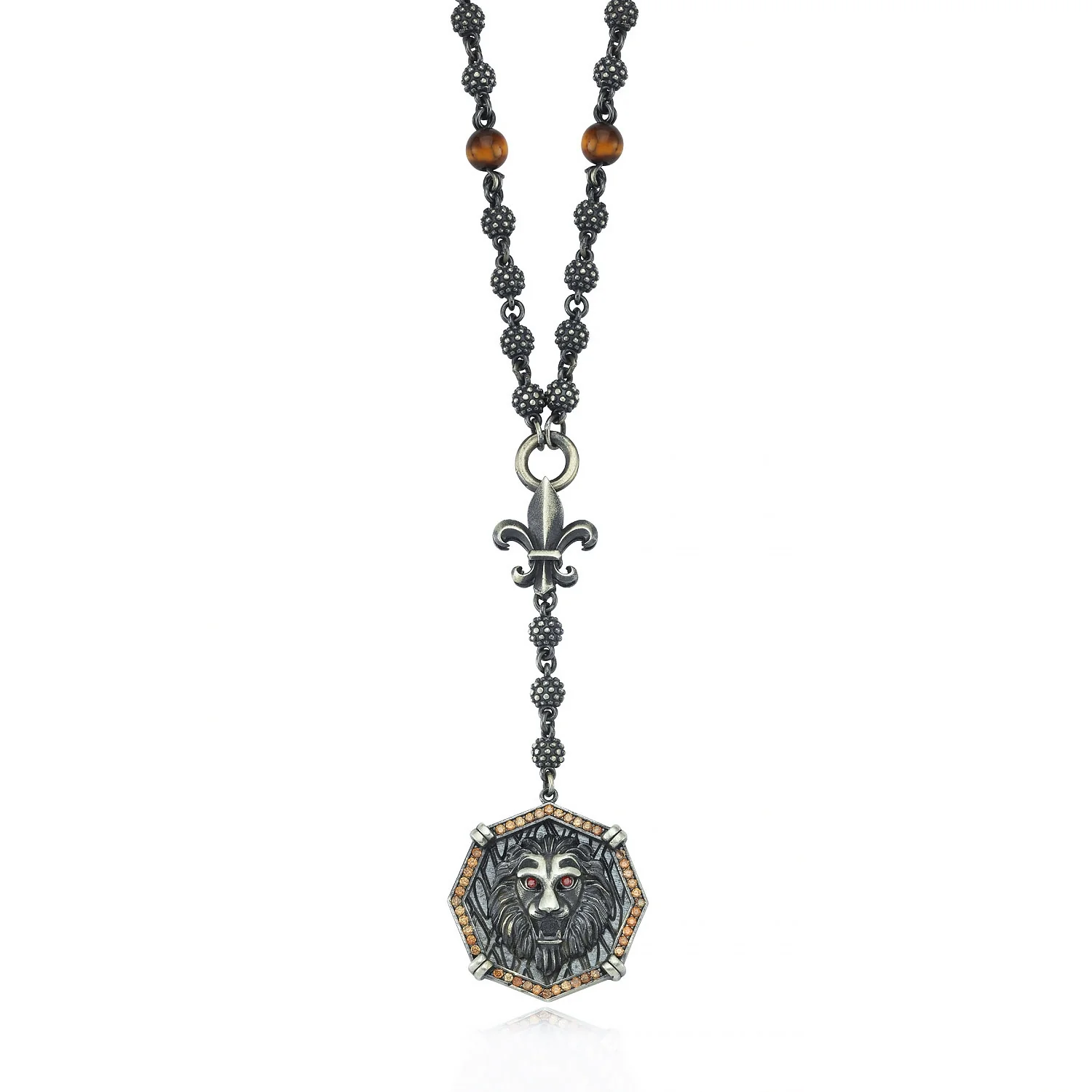 RARE PRINCE by CARAT SUTRA | Unique Silver Balls & Natural Tiger Eye Beaded Chain Necklace with Lion Head | 925 Sterling Silver Oxidized Pendant with Fleur-de-lis Symbol | Men's Jewelry | With Certificate of Authenticity and 925 Hallmark - Image 3