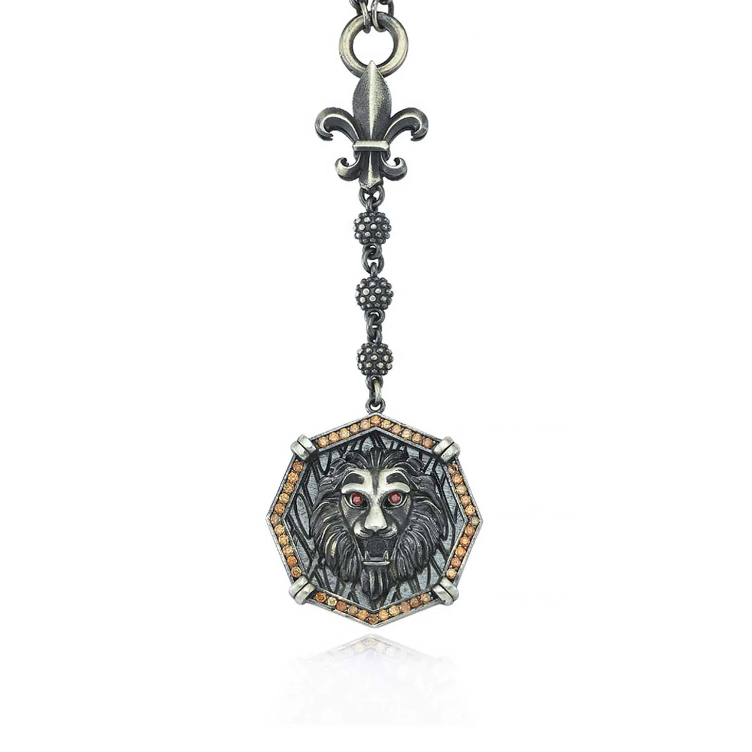 RARE PRINCE by CARAT SUTRA | Unique Silver Balls & Natural Tiger Eye Beaded Chain Necklace with Lion Head | 925 Sterling Silver Oxidized Pendant with Fleur-de-lis Symbol | Men's Jewelry | With Certificate of Authenticity and 925 Hallmark - Image 4