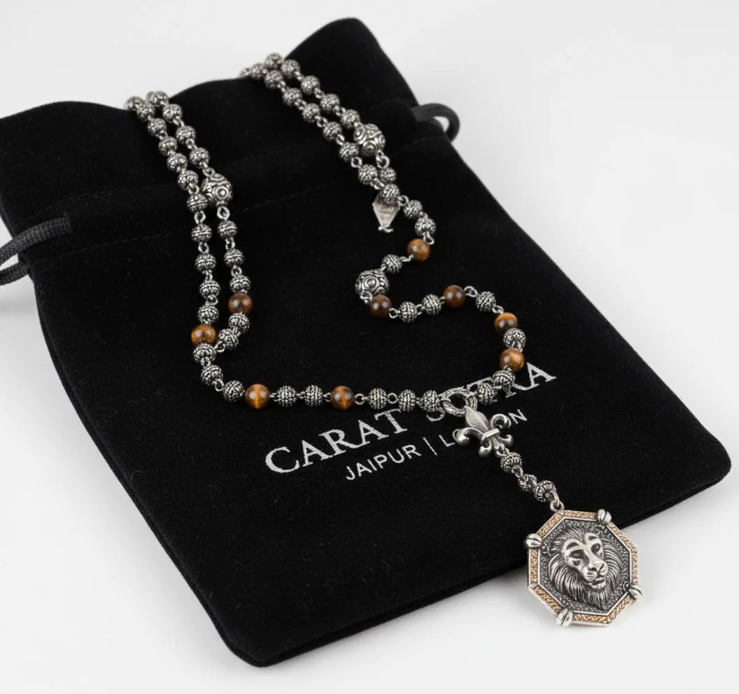 RARE PRINCE by CARAT SUTRA | Unique Silver Balls & Natural Tiger Eye Beaded Chain Necklace with Lion Head | 925 Sterling Silver Oxidized Pendant with Fleur-de-lis Symbol | Men's Jewelry | With Certificate of Authenticity and 925 Hallmark - Image 5