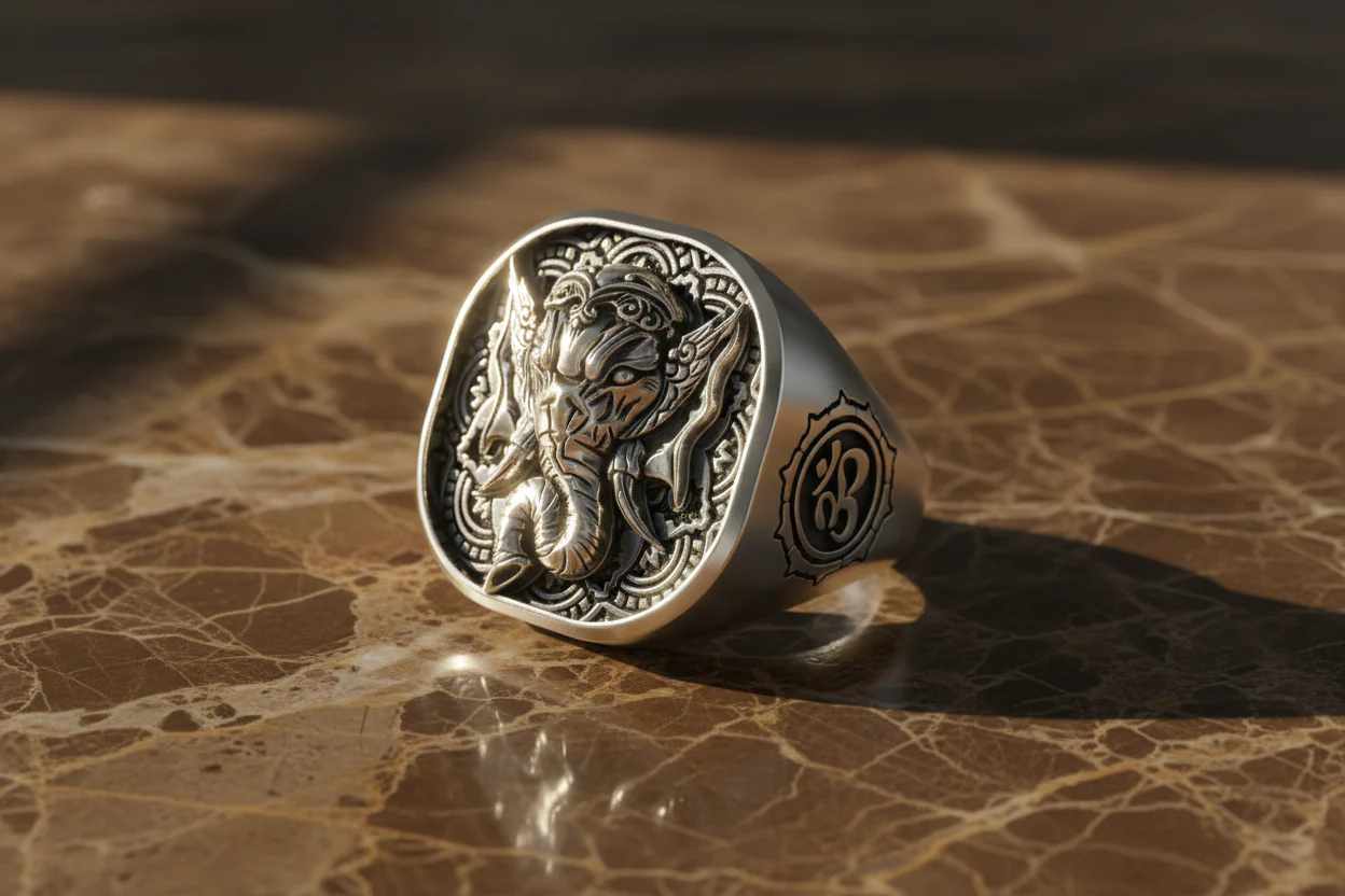 RARE PRINCE by CARAT SUTRA | Unique Designed Ganesha Ring with Om Symbol | 925 Sterling Silver Oxidized Ring | Men's Jewelry | With Certificate of Authenticity and 925 Hallmark