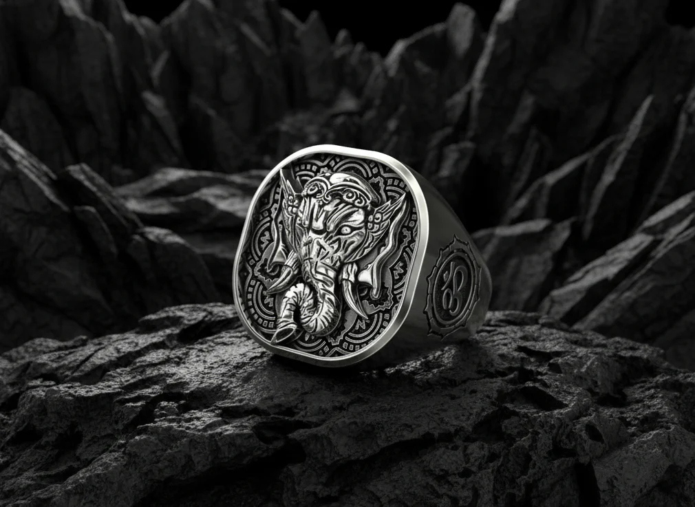 RARE PRINCE by CARAT SUTRA | Unique Designed Ganesha Ring with Om Symbol | 925 Sterling Silver Oxidized Ring | Men's Jewelry | With Certificate of Authenticity and 925 Hallmark - Image 2