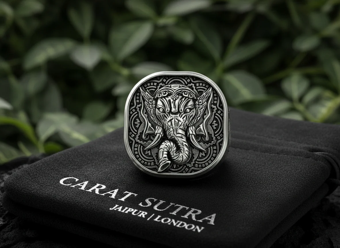 RARE PRINCE by CARAT SUTRA | Unique Designed Ganesha Ring with Om Symbol | 925 Sterling Silver Oxidized Ring | Men's Jewelry | With Certificate of Authenticity and 925 Hallmark - Image 3