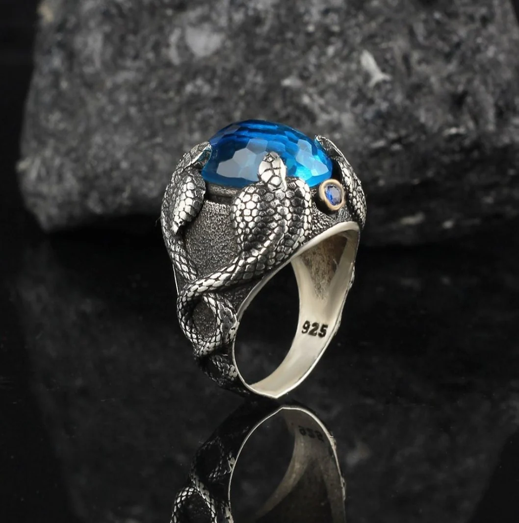 RARE PRINCE by CARAT SUTRA | Unique Designed Snake Ring with S Blue Topaz| 925 Sterling Silver Oxidized Ring | Men's Jewelry | With Certificate of Authenticity and 925 Hallmark - Image 3