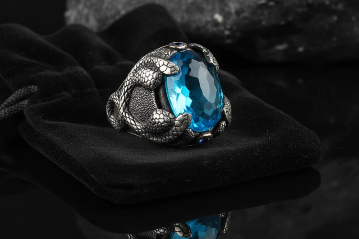RARE PRINCE by CARAT SUTRA | Unique Designed Snake Ring with S Blue Topaz| 925 Sterling Silver Oxidized Ring | Men's Jewelry | With Certificate of Authenticity and 925 Hallmark - Image 4