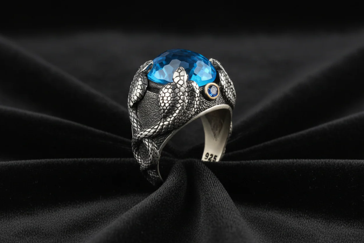 RARE PRINCE by CARAT SUTRA | Unique Designed Snake Ring with S Blue Topaz| 925 Sterling Silver Oxidized Ring | Men's Jewelry | With Certificate of Authenticity and 925 Hallmark - Image 5