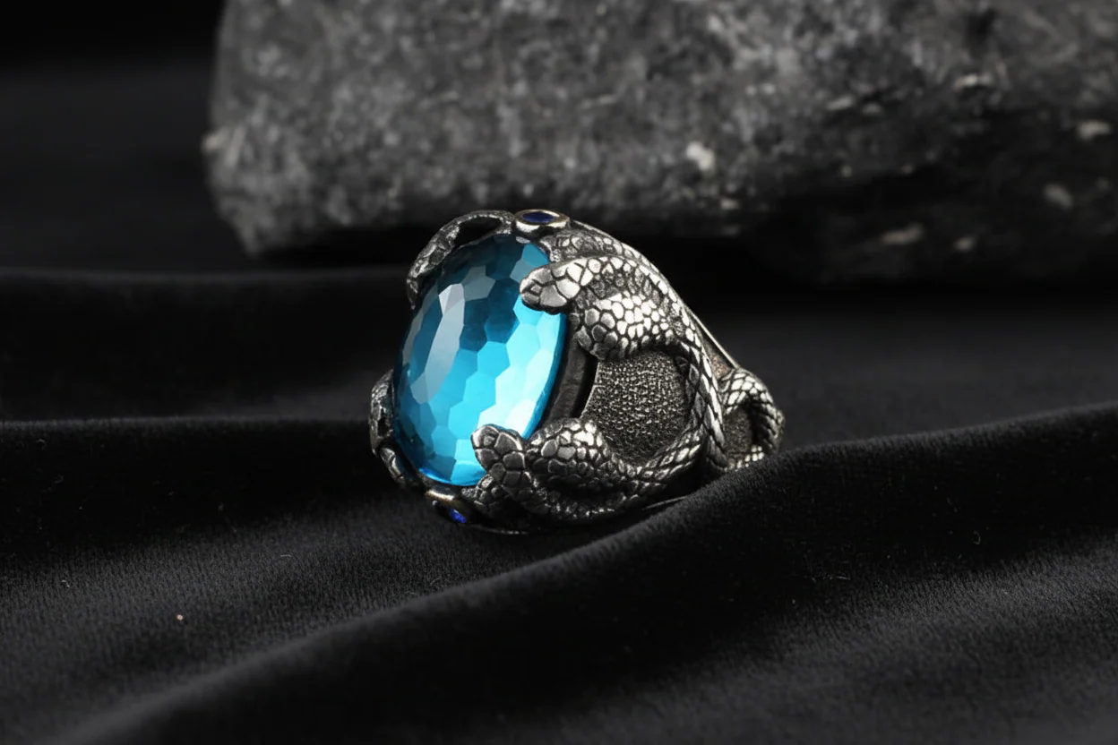 RARE PRINCE by CARAT SUTRA | Unique Designed Snake Ring with S Blue Topaz| 925 Sterling Silver Oxidized Ring | Men's Jewelry | With Certificate of Authenticity and 925 Hallmark - Image 6