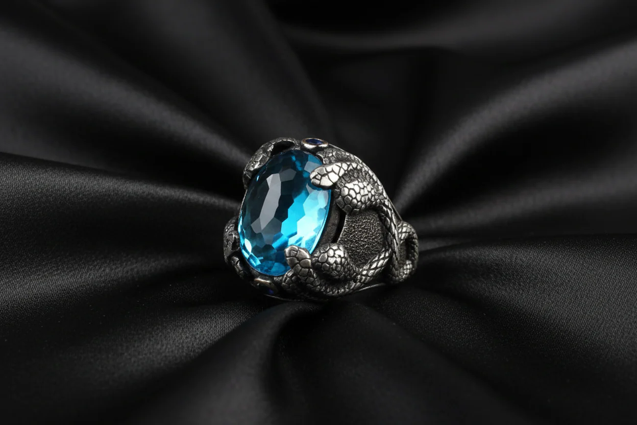 RARE PRINCE by CARAT SUTRA | Unique Designed Snake Ring with S Blue Topaz| 925 Sterling Silver Oxidized Ring | Men's Jewelry | With Certificate of Authenticity and 925 Hallmark - Image 7