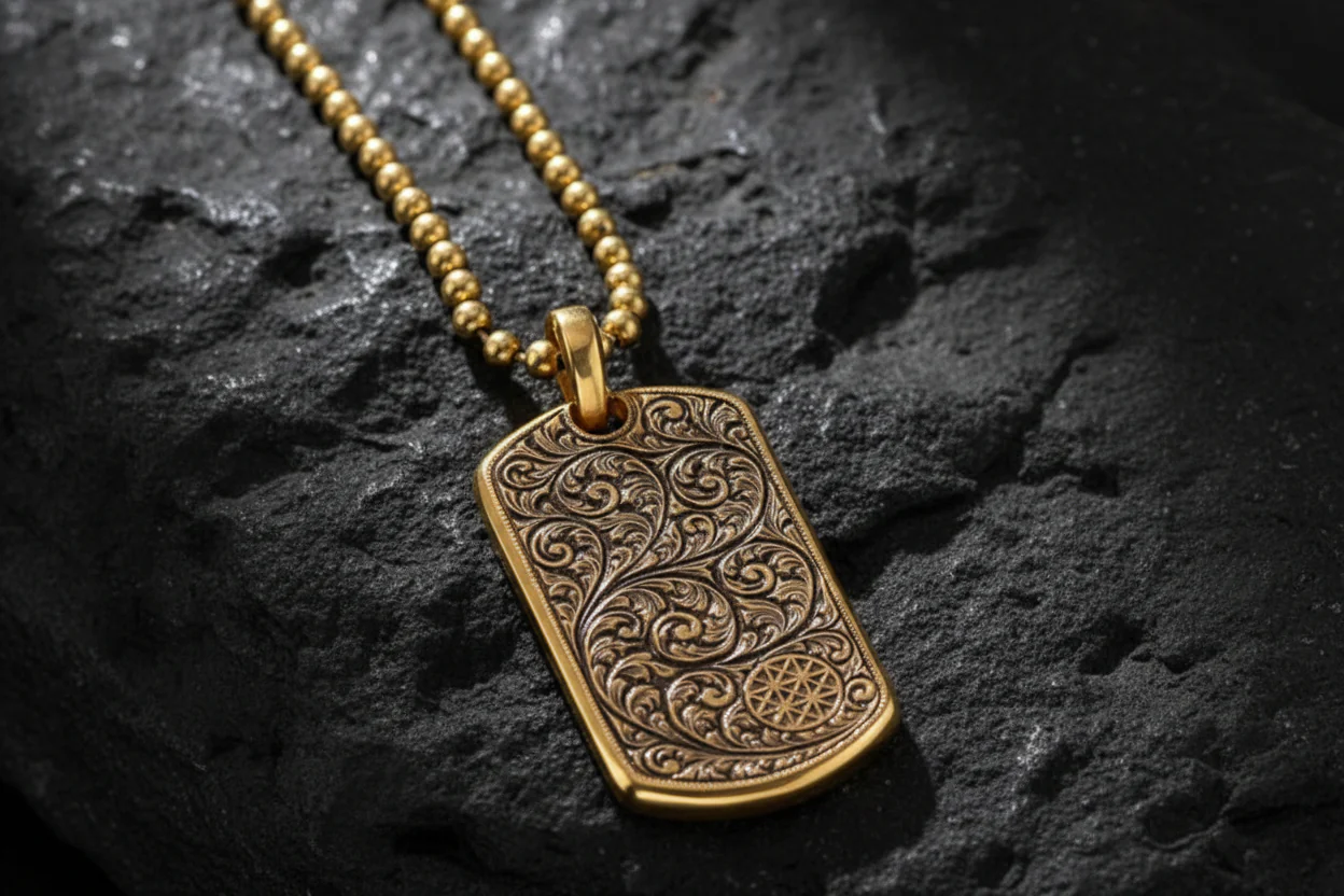RARE PRINCE by CARAT SUTRA | Unique Samurai Engraved Tag Pendant for Men | 22kt Gold Micron Plated 925 Sterling Silver Pendant | Men's Jewelry | With Certificate of Authenticity and 925 Hallmark