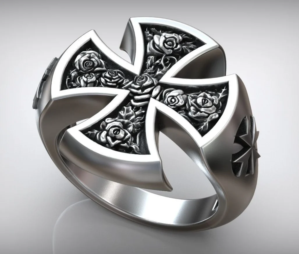 RARE PRINCE by CARAT SUTRA | Unique Designed Cross Ring with Roses | 925 Sterling Silver Oxidized Ring | Men's Jewelry | With Certificate of Authenticity and 925 Hallmark - Image 2