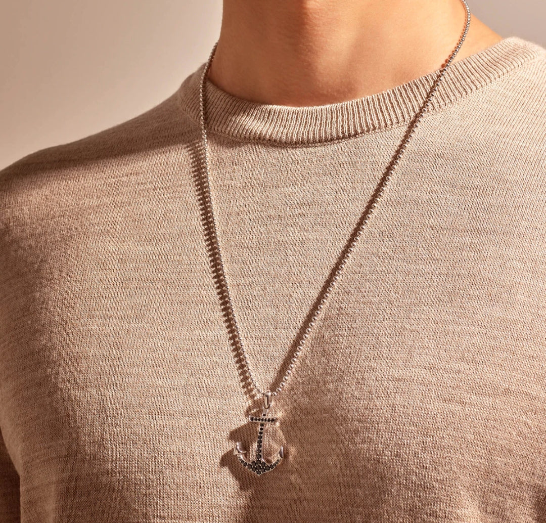 RARE PRINCE by CARAT SUTRA | Unique Designed Sailor's Anchor Pendant Studded with Black Zircons for Men, 925 Sterling Silver Pendant | Men's Jewelry | With Certificate of Authenticity and 925 Hallmark - Image 2