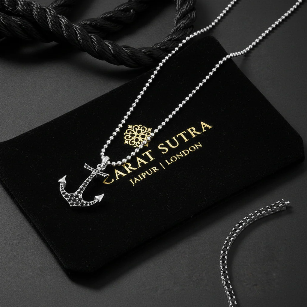 RARE PRINCE by CARAT SUTRA | Unique Designed Sailor's Anchor Pendant Studded with Black Zircons for Men, 925 Sterling Silver Pendant | Men's Jewelry | With Certificate of Authenticity and 925 Hallmark - Image 3