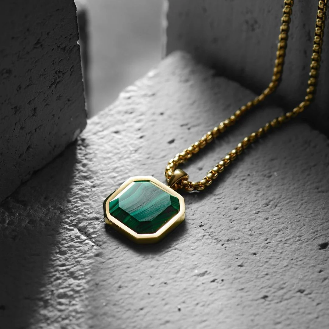 RARE PRINCE by CARAT SUTRA | Unique Designed 22kt Gold Micron Plated Silver Pendant in Natural Malachite for Men, 925 Sterling Silver Pendant | Men's Jewelry | With Certificate of Authenticity and 925 Hallmark