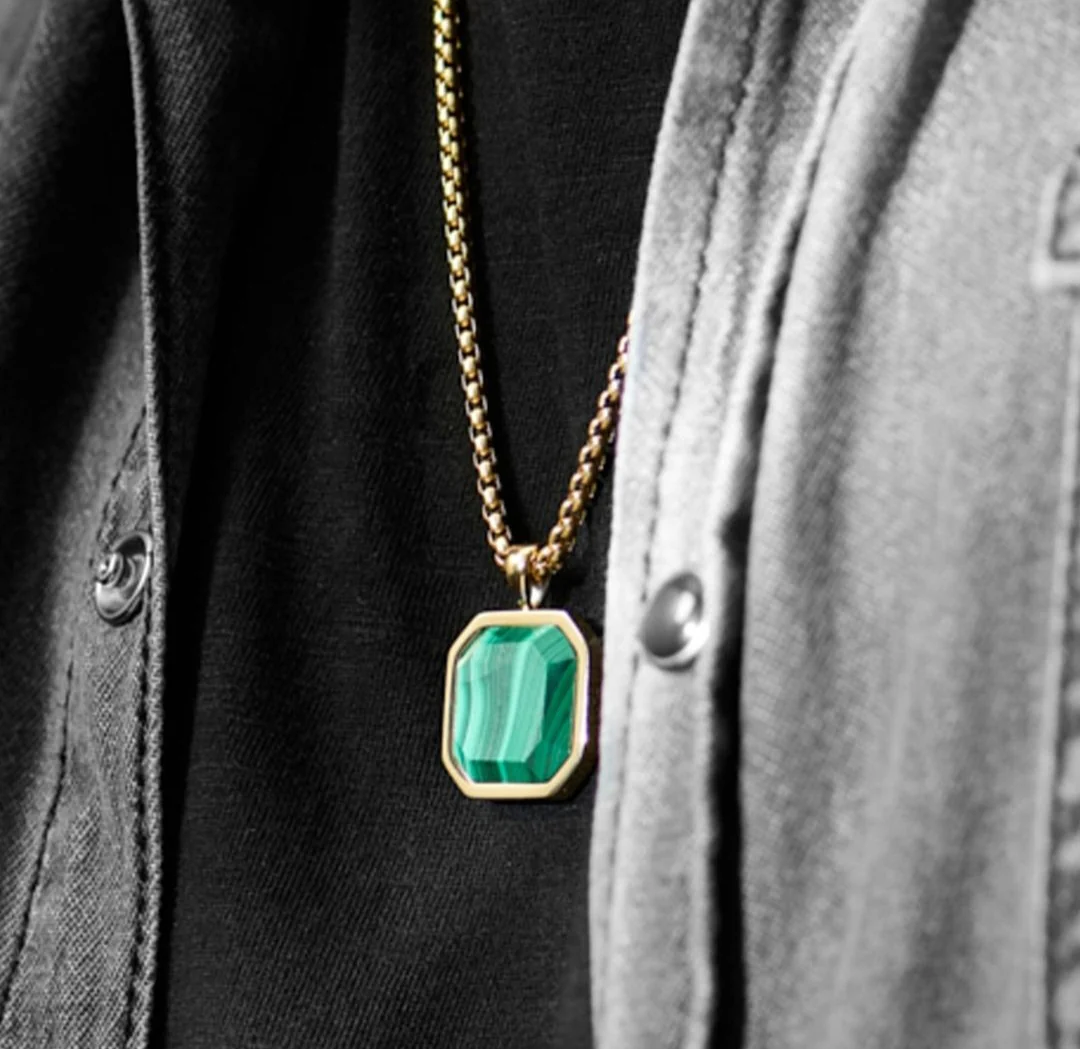 RARE PRINCE by CARAT SUTRA | Unique Designed 22kt Gold Micron Plated Silver Pendant in Natural Malachite for Men, 925 Sterling Silver Pendant | Men's Jewelry | With Certificate of Authenticity and 925 Hallmark - Image 5