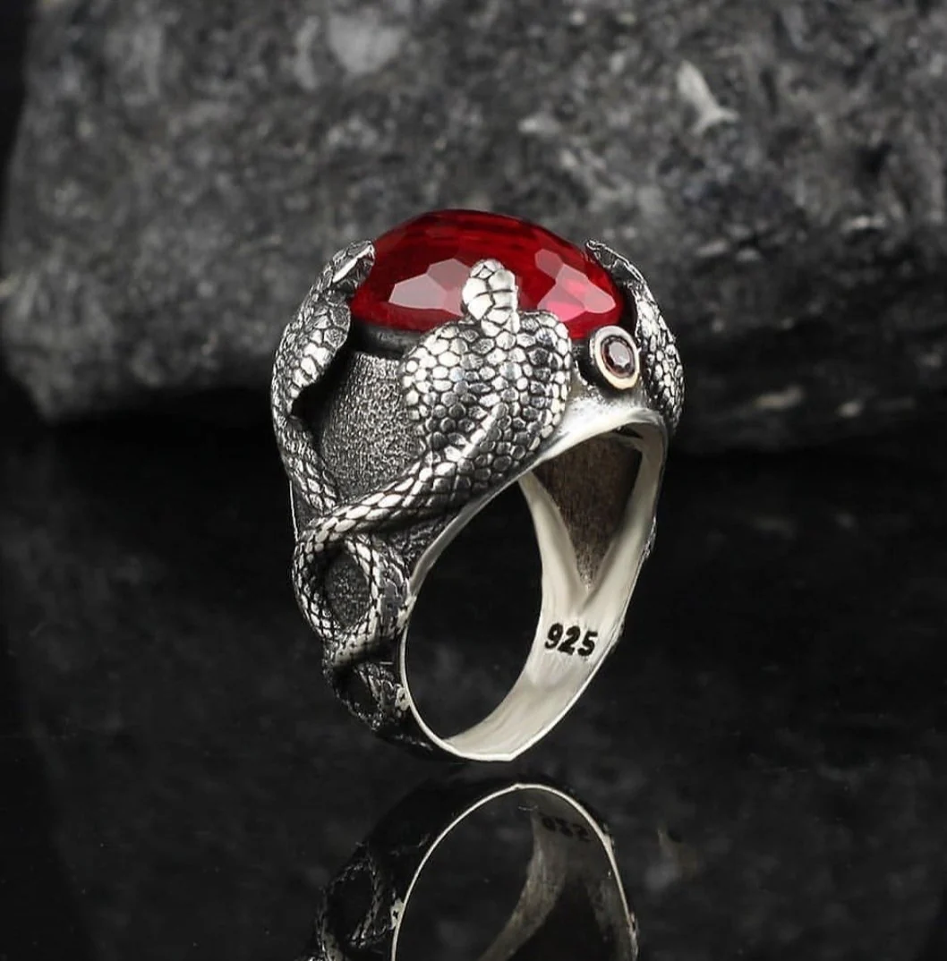 RARE PRINCE by CARAT SUTRA | Unique Designed Snake Ring with Red Zircon | 925 Sterling Silver Oxidized Ring | Men's Jewelry | With Certificate of Authenticity and 925 Hallmark - Image 3