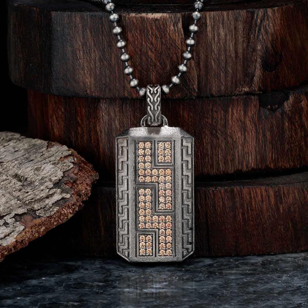 RARE PRINCE by CARAT SUTRA | Unique Greek Gucci Pattern Pendant Adorned with Cubic Zircons for Men | 925 Sterling Silver Oxidized Pendant | Men's Jewelry | With Certificate of Authenticity and 925 Hallmark