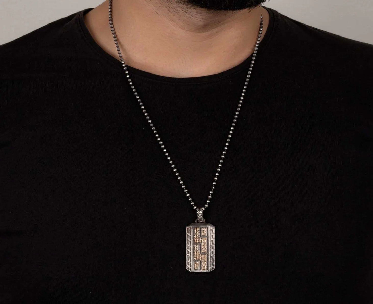 RARE PRINCE by CARAT SUTRA | Unique Greek Gucci Pattern Pendant Adorned with Cubic Zircons for Men | 925 Sterling Silver Oxidized Pendant | Men's Jewelry | With Certificate of Authenticity and 925 Hallmark - Image 2