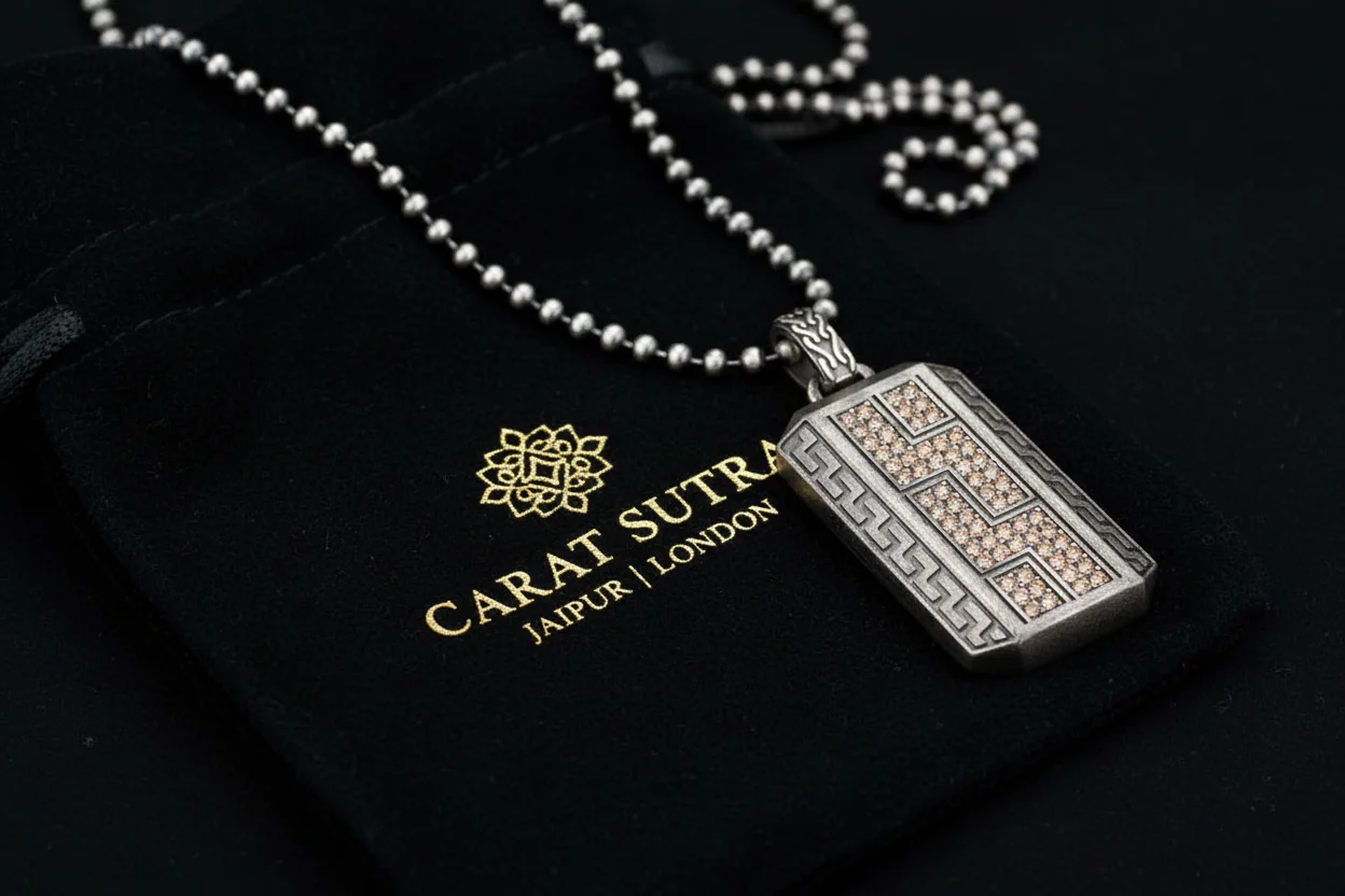 RARE PRINCE by CARAT SUTRA | Unique Greek Gucci Pattern Pendant Adorned with Cubic Zircons for Men | 925 Sterling Silver Oxidized Pendant | Men's Jewelry | With Certificate of Authenticity and 925 Hallmark - Image 4