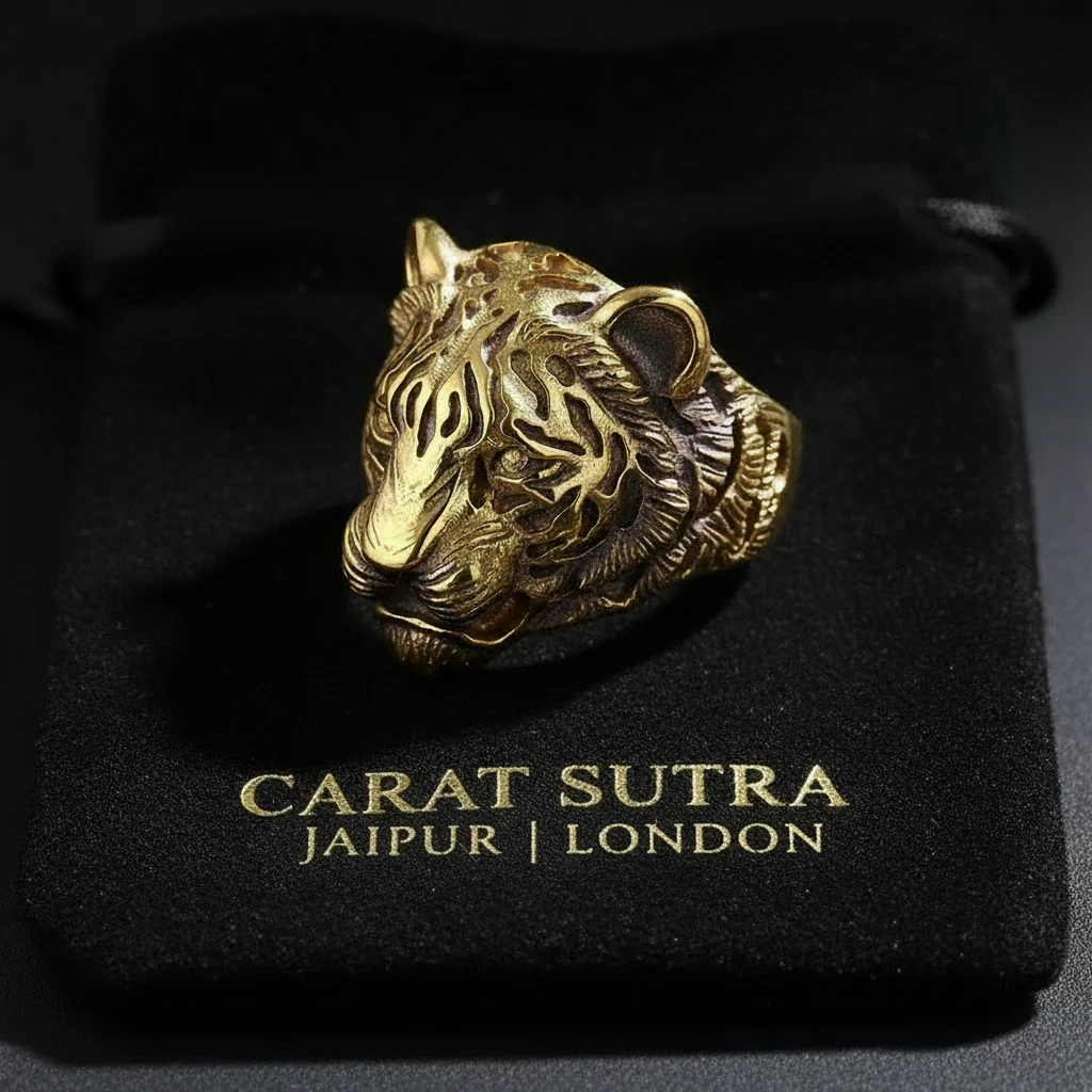 RARE PRINCE by CARAT SUTRA | Unique Designed Tiger Face Ring | 22kt Gold Micron Plated 925 Sterling Silver Oxidized Ring | Men's Jewelry | With Certificate of Authenticity and 925 Hallmark - Image 3
