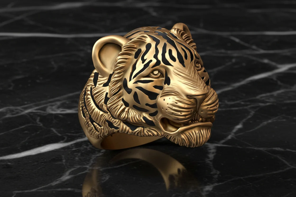 RARE PRINCE by CARAT SUTRA | Unique Designed Tiger Face Ring | 22kt Gold Micron Plated 925 Sterling Silver Oxidized Ring | Men's Jewelry | With Certificate of Authenticity and 925 Hallmark - Image 4
