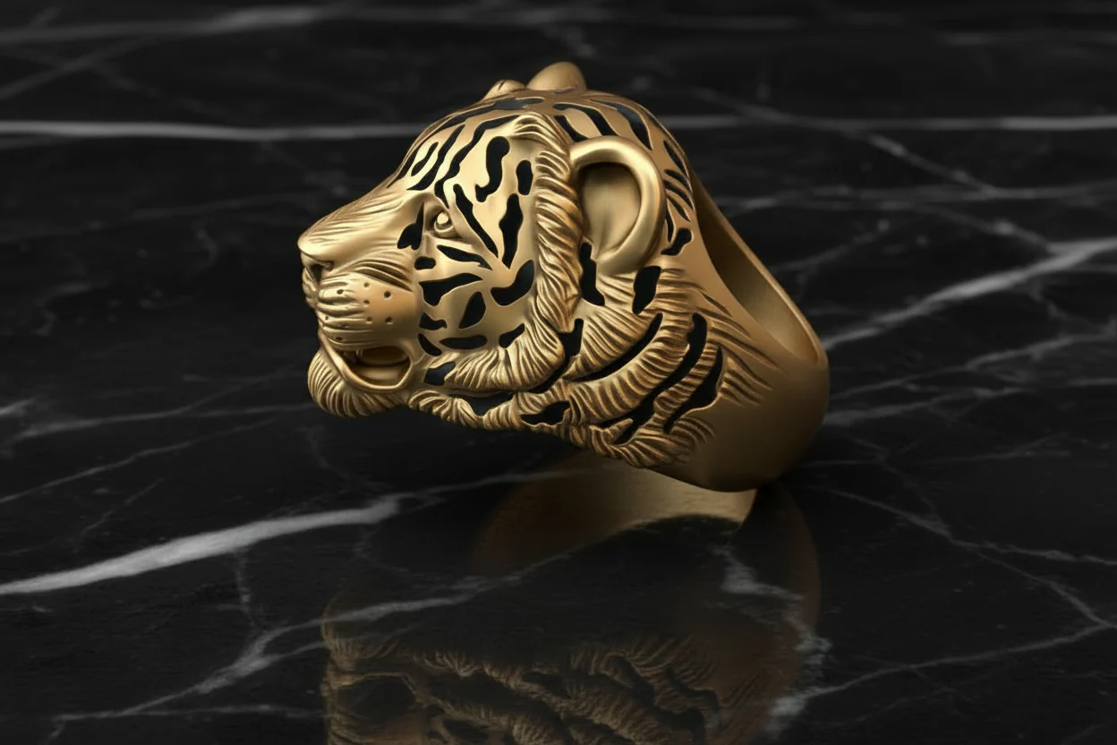 RARE PRINCE by CARAT SUTRA | Unique Designed Tiger Face Ring | 22kt Gold Micron Plated 925 Sterling Silver Oxidized Ring | Men's Jewelry | With Certificate of Authenticity and 925 Hallmark - Image 5