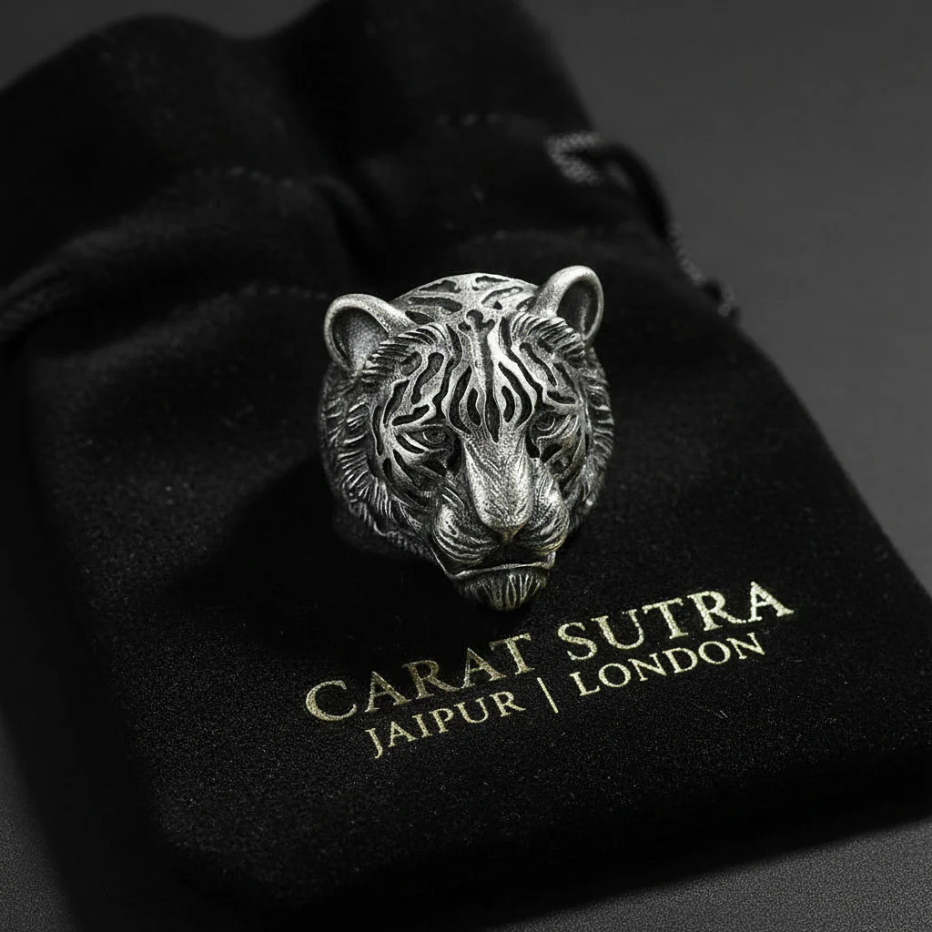 RARE PRINCE by CARAT SUTRA | Unique Designed 3D Tiger Face Ring | 925 Sterling Silver Oxidized Ring | Men's Jewelry | With Certificate of Authenticity and 925 Hallmark - Image 2