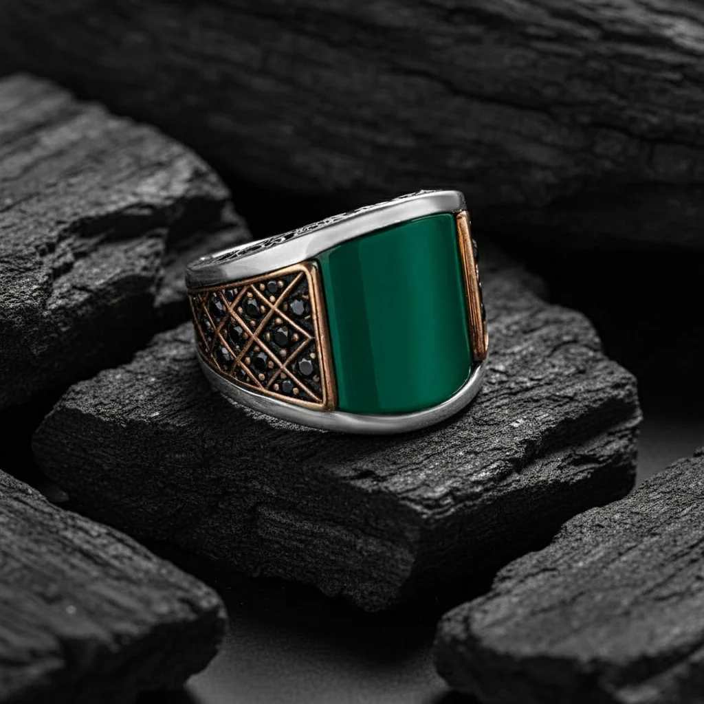 RARE PRINCE by CARAT SUTRA | Unique Designed Turkish Style Curved Ring with Green Onyx  | 925 Sterling Silver Gold Plated Ring | Men's Jewelry | With Certificate of Authenticity and 925 Hallmark - Image 2