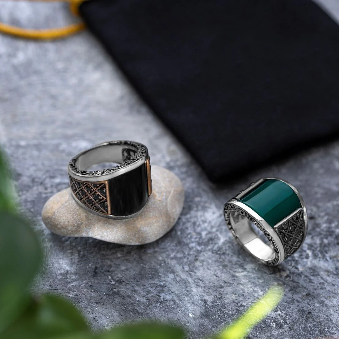 RARE PRINCE by CARAT SUTRA | Unique Designed Turkish Style Curved Ring with Green Onyx  | 925 Sterling Silver Gold Plated Ring | Men's Jewelry | With Certificate of Authenticity and 925 Hallmark - Image 3