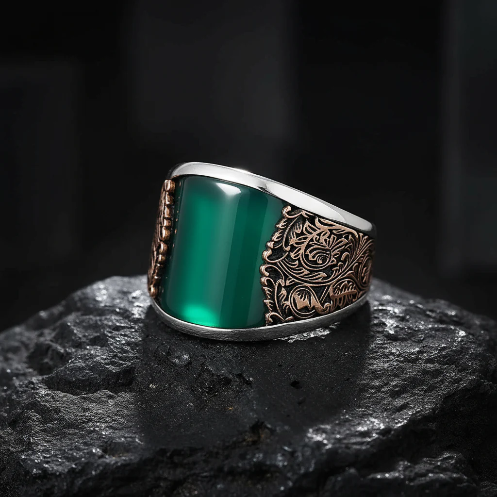 RARE PRINCE by CARAT SUTRA | Unique Designed Turkish Style Curved Ring with Green Onyx  | 925 Sterling Silver Gold Plated Ring | Men's Jewelry | With Certificate of Authenticity and 925 Hallmark