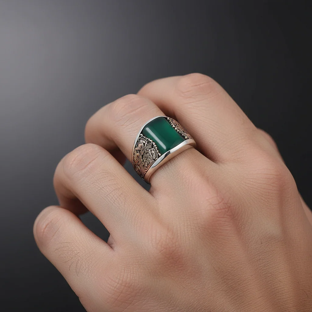 RARE PRINCE by CARAT SUTRA | Unique Designed Turkish Style Curved Ring with Green Onyx  | 925 Sterling Silver Gold Plated Ring | Men's Jewelry | With Certificate of Authenticity and 925 Hallmark - Image 3