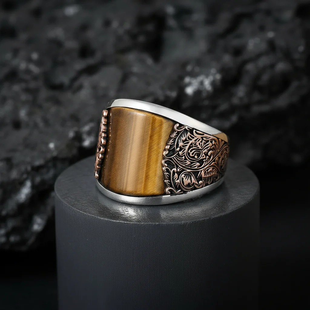 RARE PRINCE by CARAT SUTRA | Unique Designed Turkish Style Curved Ring with Natural Tiger Eye | 925 Sterling Silver Gold Plated Ring | Men's Jewelry | With Certificate of Authenticity and 925 Hallmark