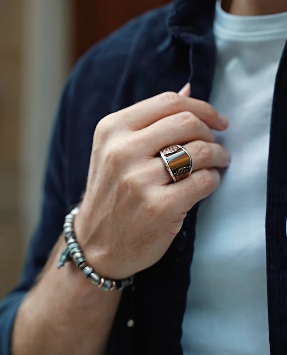 RARE PRINCE by CARAT SUTRA | Unique Designed Turkish Style Curved Ring with Natural Tiger Eye | 925 Sterling Silver Gold Plated Ring | Men's Jewelry | With Certificate of Authenticity and 925 Hallmark - Image 2