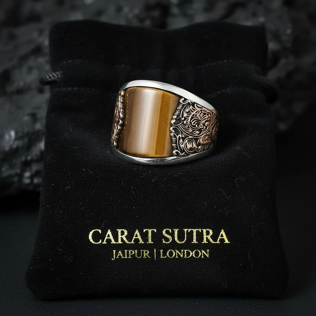 RARE PRINCE by CARAT SUTRA | Unique Designed Turkish Style Curved Ring with Natural Tiger Eye | 925 Sterling Silver Gold Plated Ring | Men's Jewelry | With Certificate of Authenticity and 925 Hallmark - Image 3