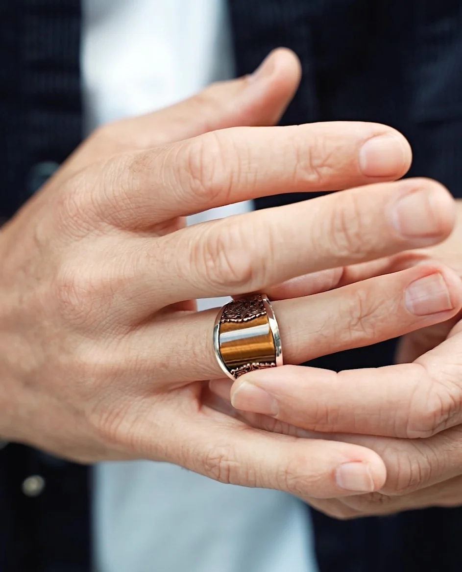 RARE PRINCE by CARAT SUTRA | Unique Designed Turkish Style Curved Ring with Natural Tiger Eye | 925 Sterling Silver Gold Plated Ring | Men's Jewelry | With Certificate of Authenticity and 925 Hallmark - Image 5