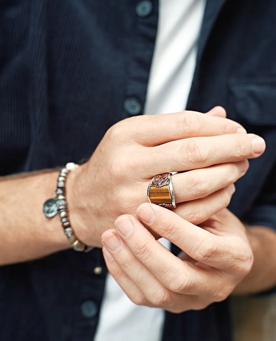 RARE PRINCE by CARAT SUTRA | Unique Designed Turkish Style Curved Ring with Natural Tiger Eye | 925 Sterling Silver Gold Plated Ring | Men's Jewelry | With Certificate of Authenticity and 925 Hallmark - Image 6