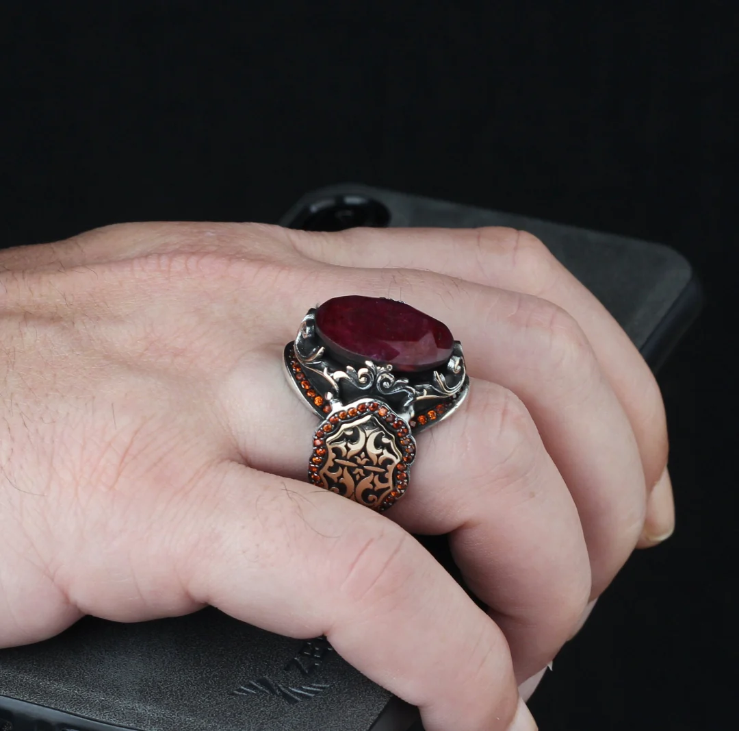 RARE PRINCE by CARAT SUTRA | Unique Designed Turkish Style Heavy Ring with Natural Red Ruby | 22kt Gold Micron Plated 925 Sterling Silver Oxidized Ring | Men's Jewelry | With Certificate of Authenticity and 925 Hallmark - Image 3