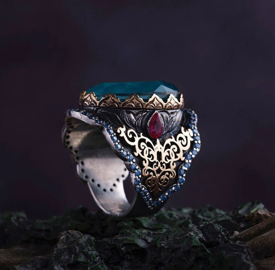 RARE PRINCE by CARAT SUTRA | Unique Designed Turkish Style Heavy Ring with Blue Topaz | 22kt Gold Micron & Black Rhodium Plated 925 Sterling Silver Ring | Men's Jewelry | With Certificate of Authenticity and 925 Hallmark - Image 3