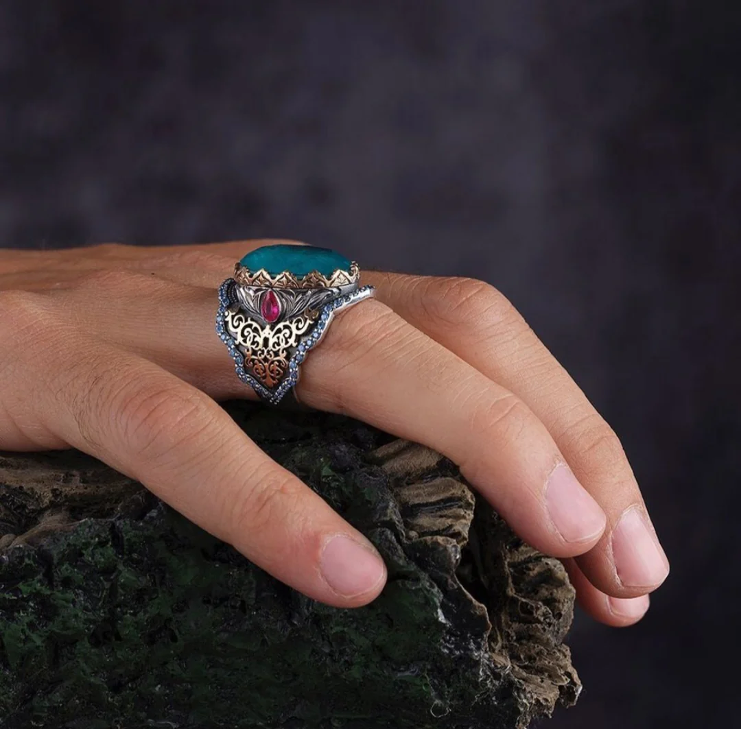 RARE PRINCE by CARAT SUTRA | Unique Designed Turkish Style Heavy Ring with Blue Topaz | 22kt Gold Micron & Black Rhodium Plated 925 Sterling Silver Ring | Men's Jewelry | With Certificate of Authenticity and 925 Hallmark - Image 4