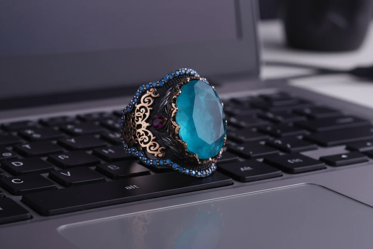 RARE PRINCE by CARAT SUTRA | Unique Designed Turkish Style Heavy Ring with Blue Topaz | 22kt Gold Micron & Black Rhodium Plated 925 Sterling Silver Ring | Men's Jewelry | With Certificate of Authenticity and 925 Hallmark - Image 5