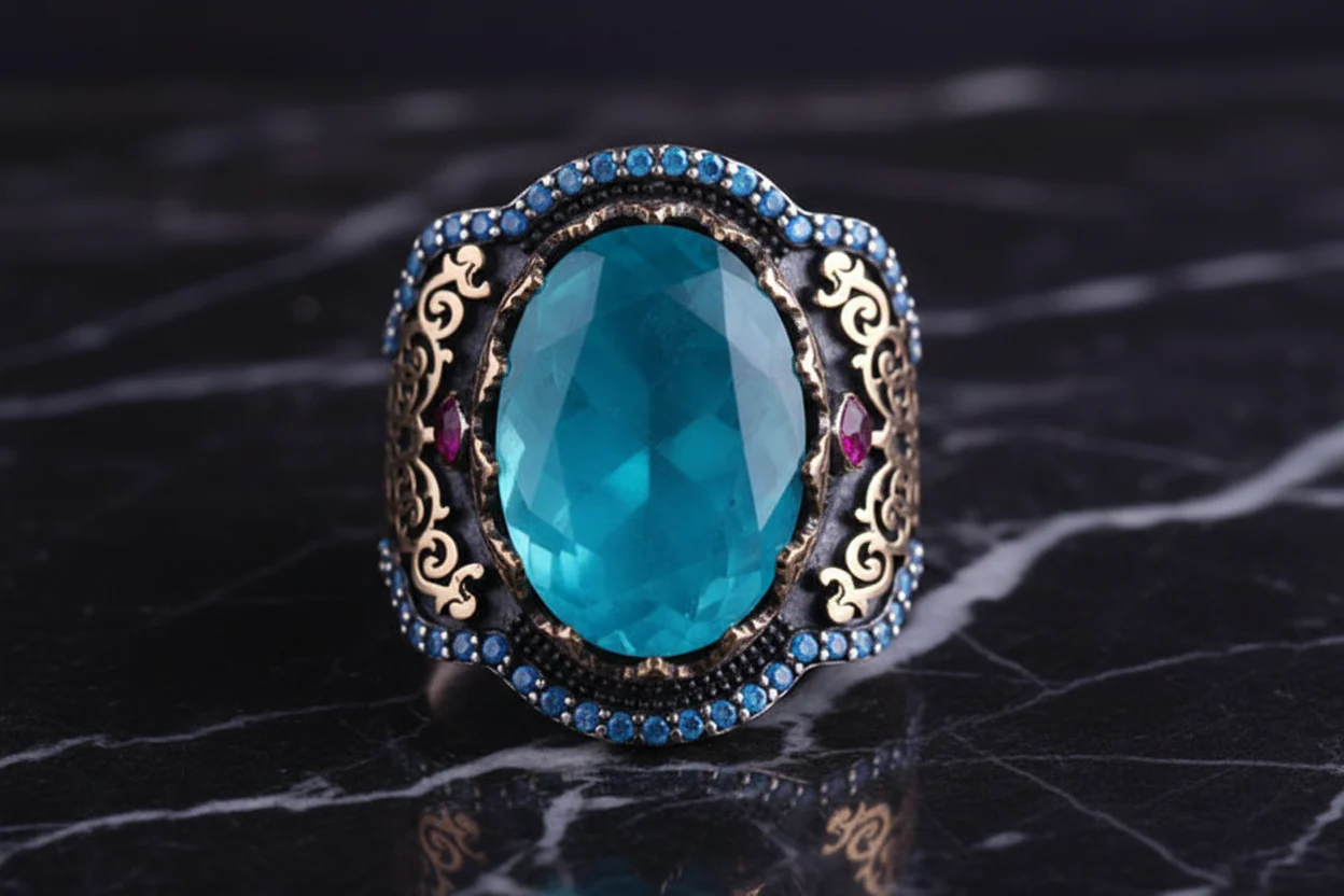 RARE PRINCE by CARAT SUTRA | Unique Designed Turkish Style Heavy Ring with Blue Topaz | 22kt Gold Micron & Black Rhodium Plated 925 Sterling Silver Ring | Men's Jewelry | With Certificate of Authenticity and 925 Hallmark - Image 6