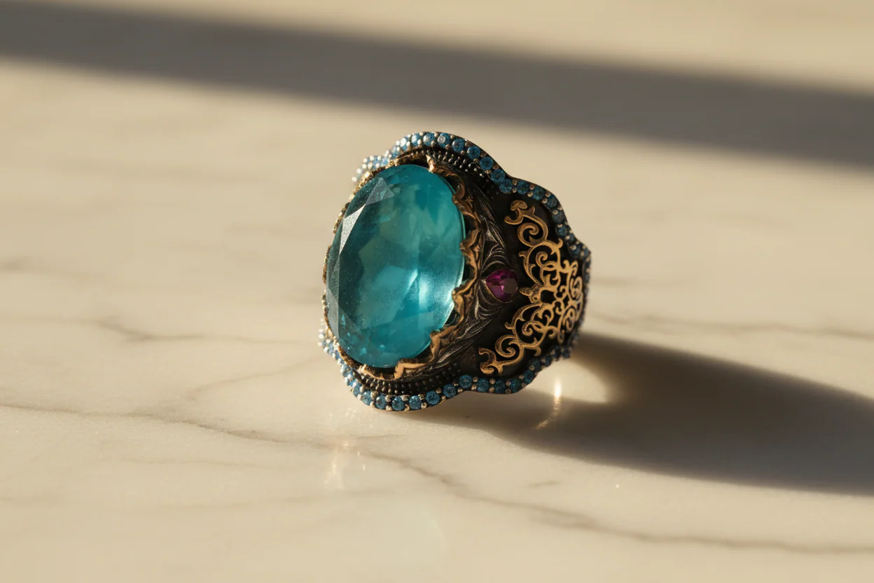 RARE PRINCE by CARAT SUTRA | Unique Designed Turkish Style Heavy Ring with Blue Topaz | 22kt Gold Micron & Black Rhodium Plated 925 Sterling Silver Ring | Men's Jewelry | With Certificate of Authenticity and 925 Hallmark - Image 7