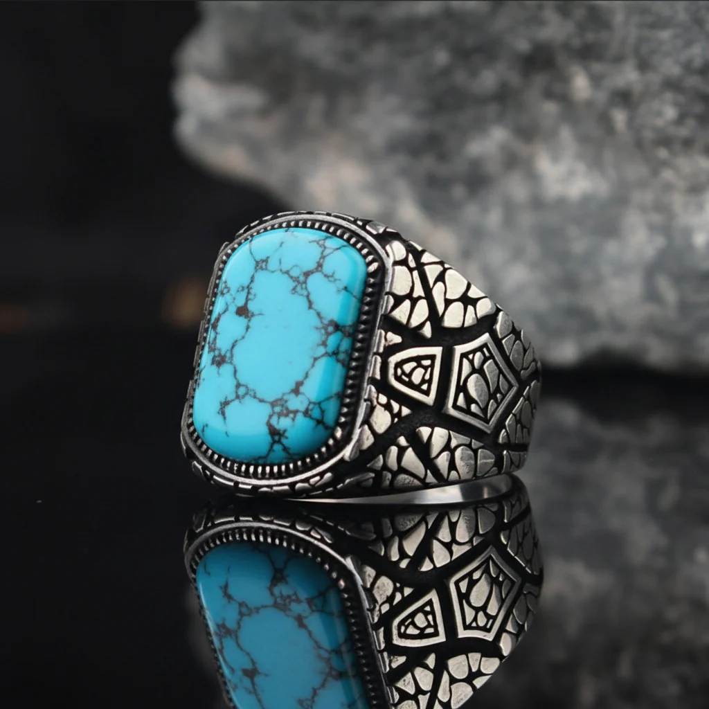 RARE PRINCE by CARAT SUTRA | Unique Designed Turkish Style Ring with Natural Irani Turquoise (Firoza) | 925 Sterling Silver Oxidized Ring | Men's Jewelry | With Certificate of Authenticity and 925 Hallmark
