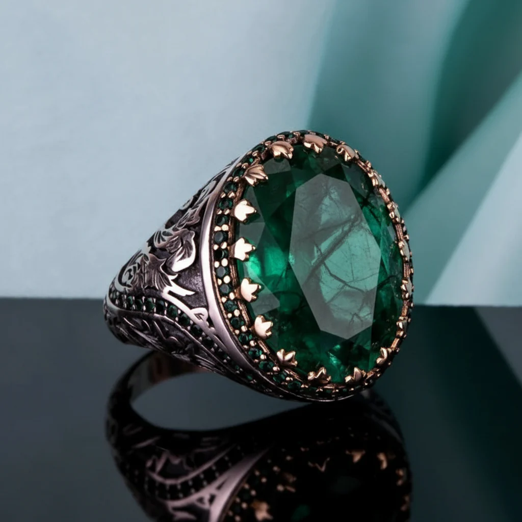 Unique Designed Turkish Style Ring with Natural Emerald | 925 Sterling Silver Oxidized Ring | Men's Jewelry | With Certificate of Authenticity and 925 Hallmark