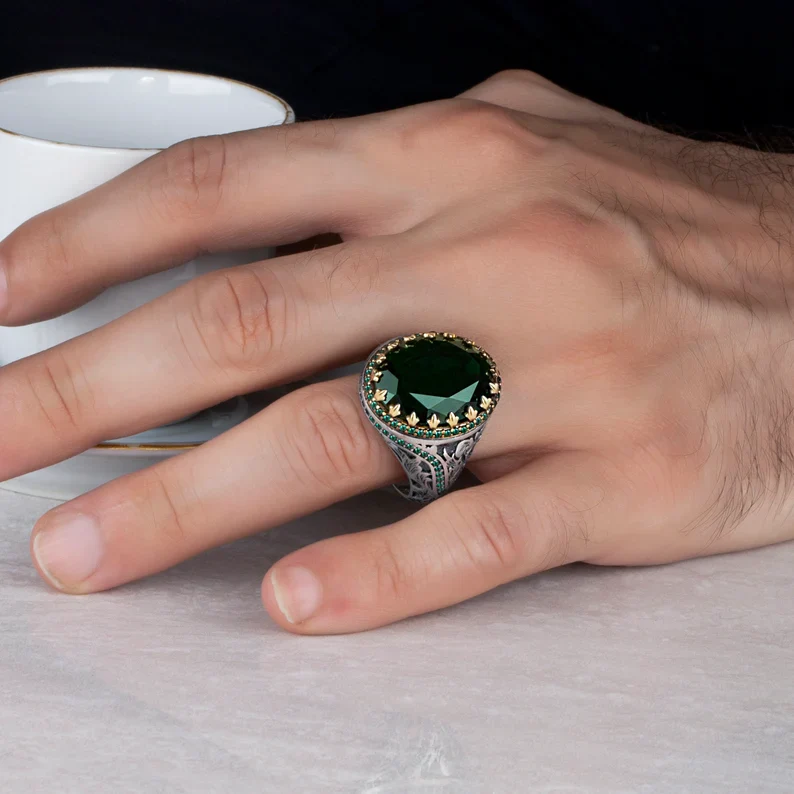 Unique Designed Turkish Style Ring with Natural Emerald | 925 Sterling Silver Oxidized Ring | Men's Jewelry | With Certificate of Authenticity and 925 Hallmark - Image 2