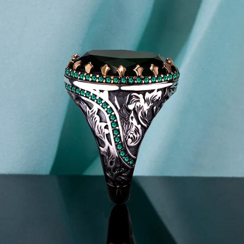 Unique Designed Turkish Style Ring with Natural Emerald | 925 Sterling Silver Oxidized Ring | Men's Jewelry | With Certificate of Authenticity and 925 Hallmark - Image 3