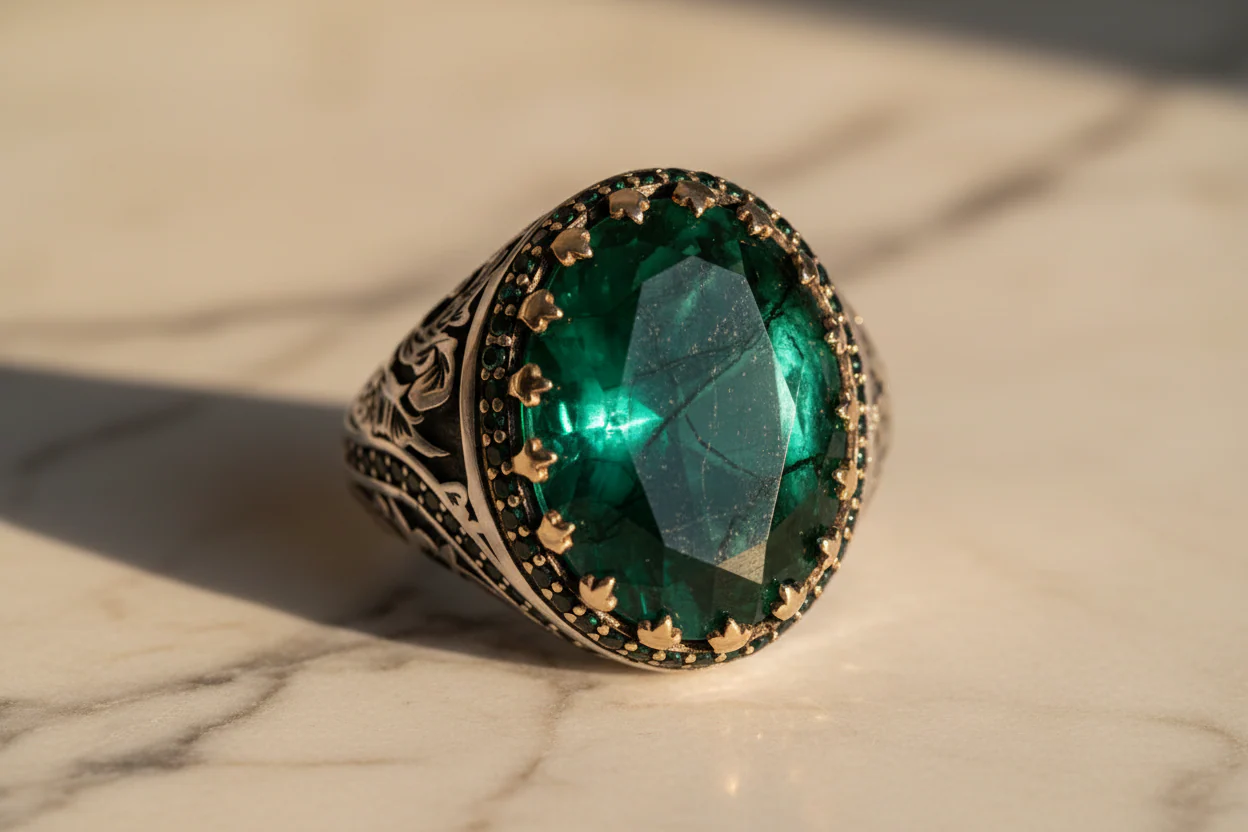 Unique Designed Turkish Style Ring with Natural Emerald | 925 Sterling Silver Oxidized Ring | Men's Jewelry | With Certificate of Authenticity and 925 Hallmark - Image 4