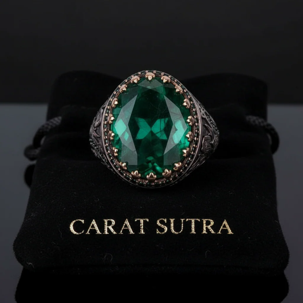 Unique Designed Turkish Style Ring with Natural Emerald | 925 Sterling Silver Oxidized Ring | Men's Jewelry | With Certificate of Authenticity and 925 Hallmark - Image 5