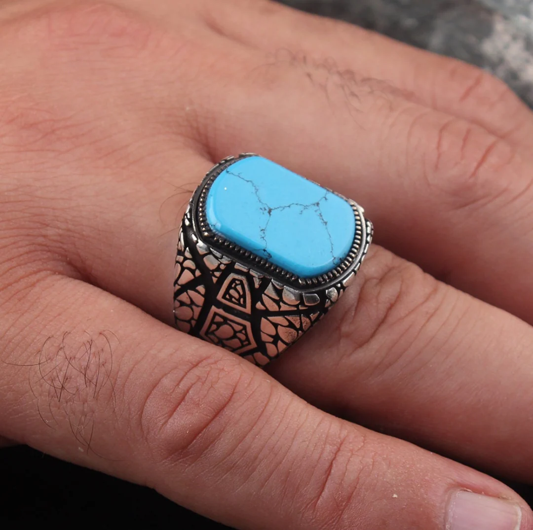 RARE PRINCE by CARAT SUTRA | Unique Designed Turkish Style Ring with Natural Irani Turquoise (Firoza) | 925 Sterling Silver Oxidized Ring | Men's Jewelry | With Certificate of Authenticity and 925 Hallmark - Image 2