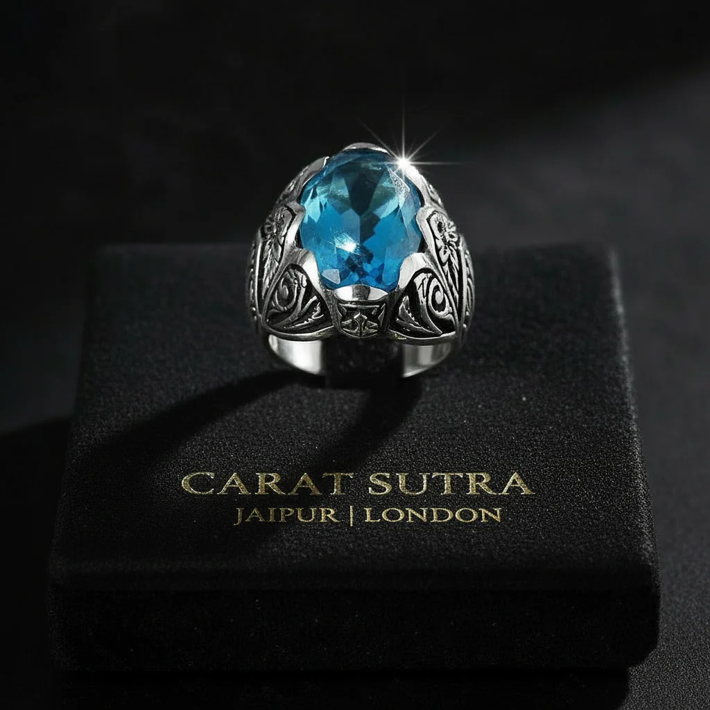 RARE PRINCE by CARAT SUTRA | Exclusively Designed Ring with Blue Topaz | 925 Sterling Silver Oxidized Ring | Men's Jewelry | With Certificate of Authenticity and 925 Hallmark - Image 2