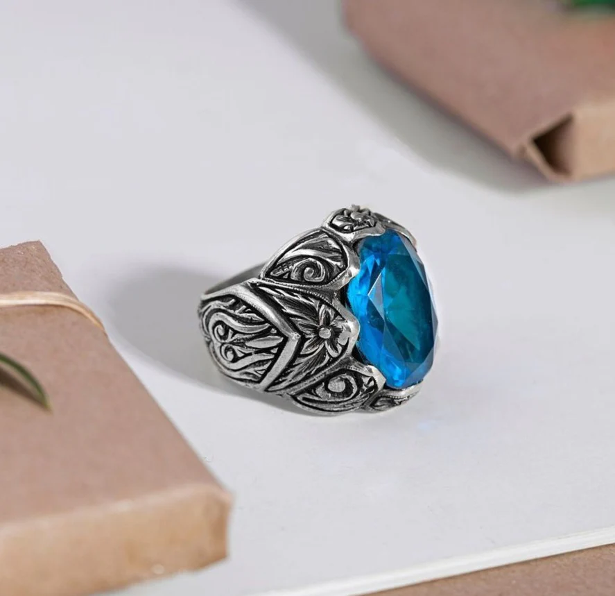 RARE PRINCE by CARAT SUTRA | Exclusively Designed Ring with Blue Topaz | 925 Sterling Silver Oxidized Ring | Men's Jewelry | With Certificate of Authenticity and 925 Hallmark - Image 3